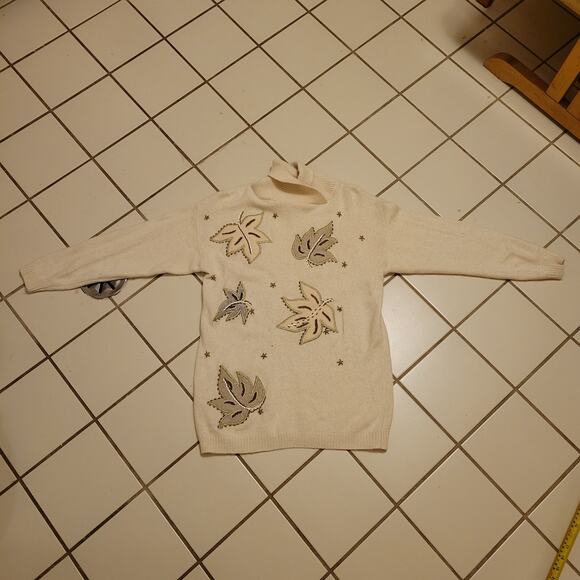 iB Diffusion Vintage Silk Blend Sweater Women's Small Cream Fall Leaves - Picture 8 of 10